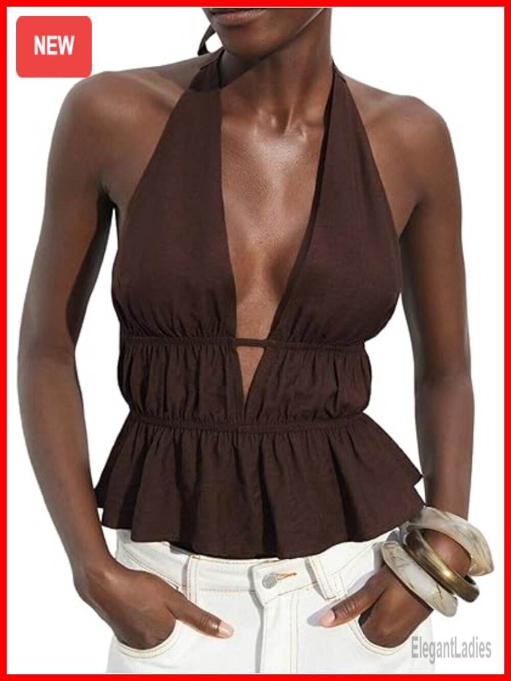 Ruffle Hem Halter Top Open Back Smocked Plunge Tank